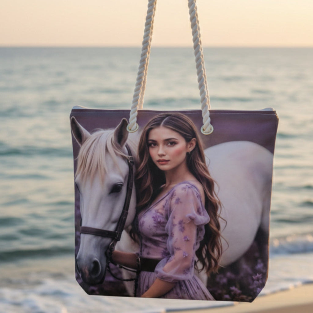 Robuste Stofftasche Shopper mit Motiv einer Frau und einem weißen Pferd
