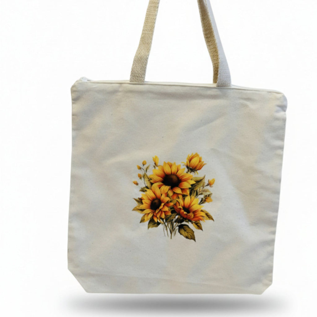 Klassische Leinen-Stofftasche Shopper in Naturweiß mit Sonnenblumen-Motiv