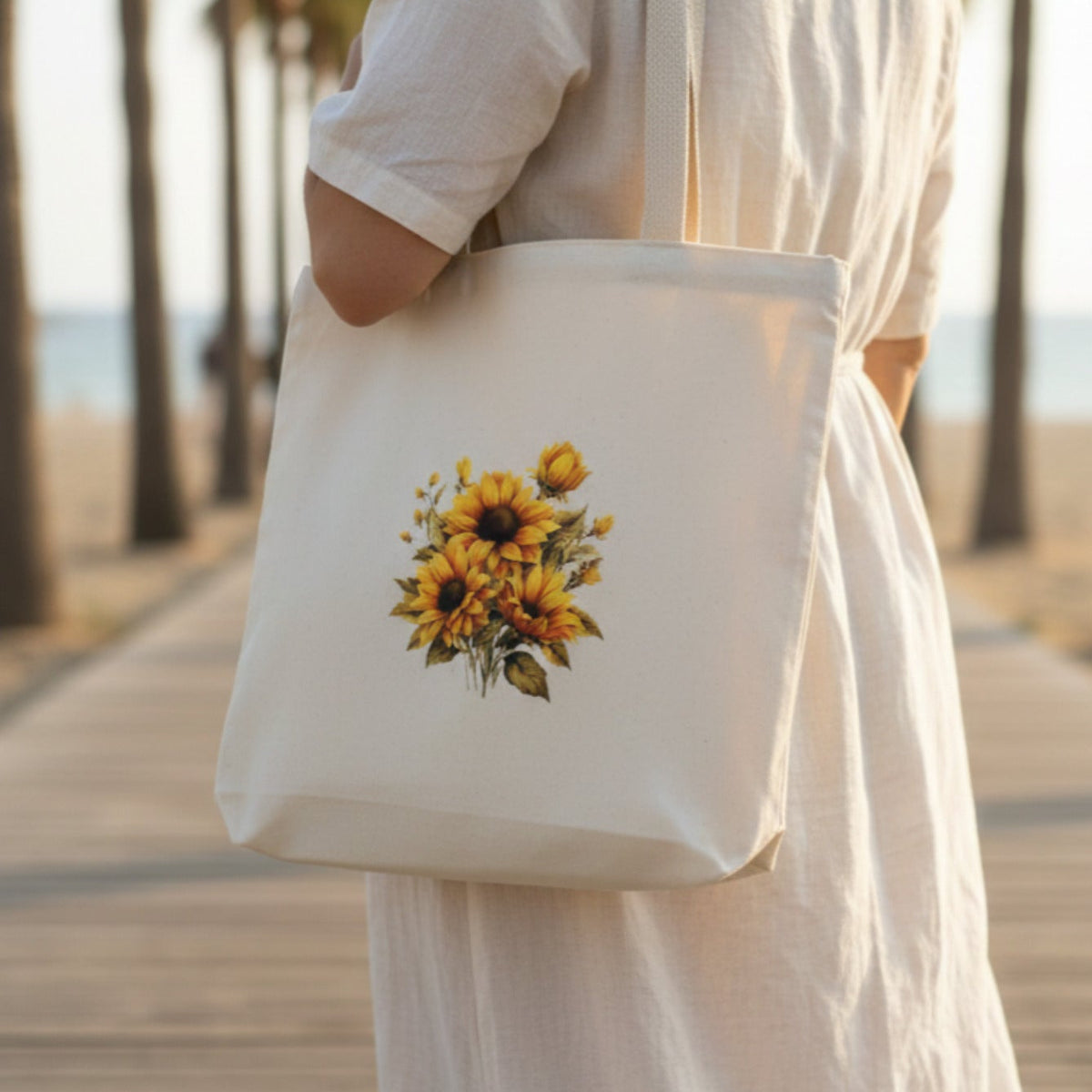 Elegantes Sonnenblumen-Print auf naturbelassenem Stoff.