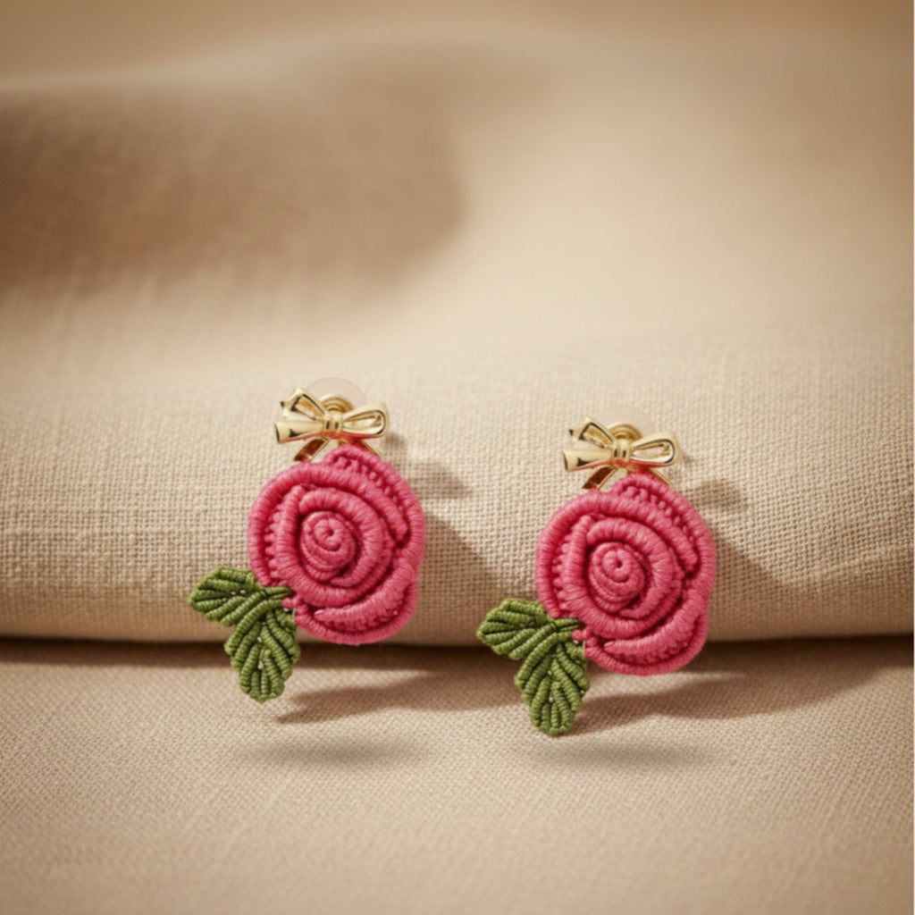 Handmade Macrame Earrings "Rose Blossom" - Filigree Design with Gold-Tone Elements