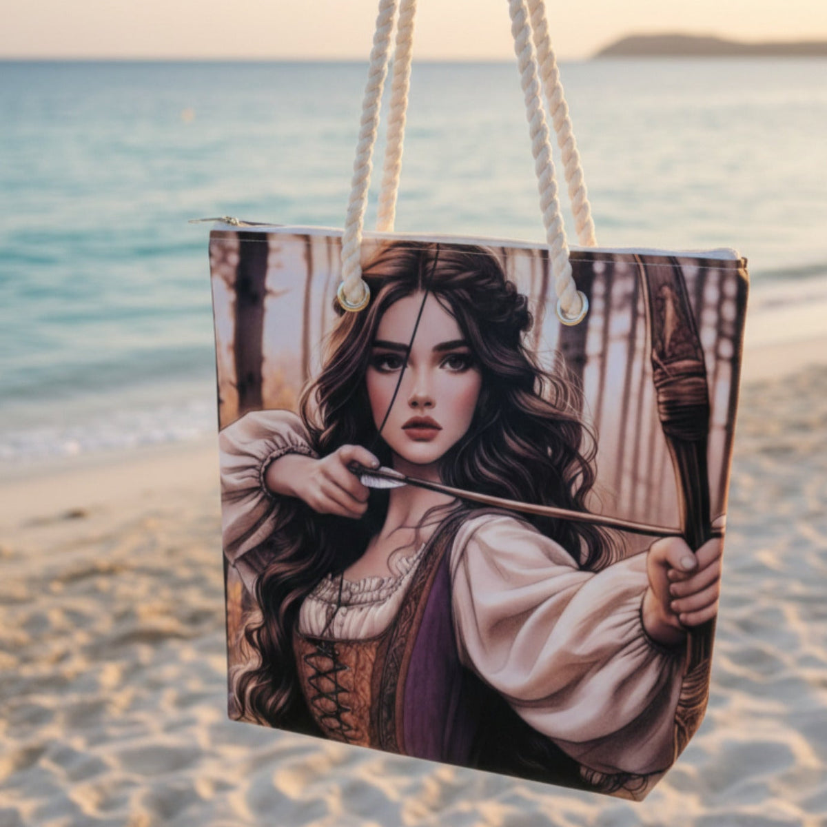 Robuste Stofftasche mit Kriegerin und Bogen im Wald als Motiv